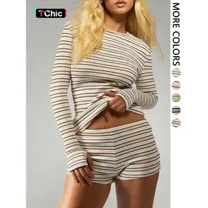 Women's 2-Piece Striped Knit Casual Long Sleeve Top & High Waist Elastic Sporty Shorts Set, Spring Fashion, Comfortable Fit, Women's Clothing Sets, Elegant Gym Activewear