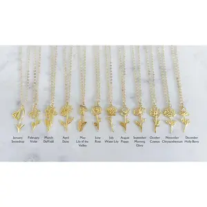 14k Gold Plated Birth Flower Pendant Necklace