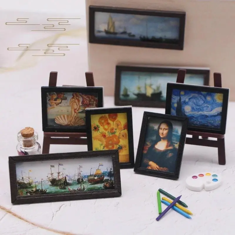 100% Brand New & High Quality 8pcs 1:12 Vintage Theme Paper+Woods Mini Picture Frames, Oil Painting Dollhouse Decor Accessories, Boxed DIY Home Improvement Accents