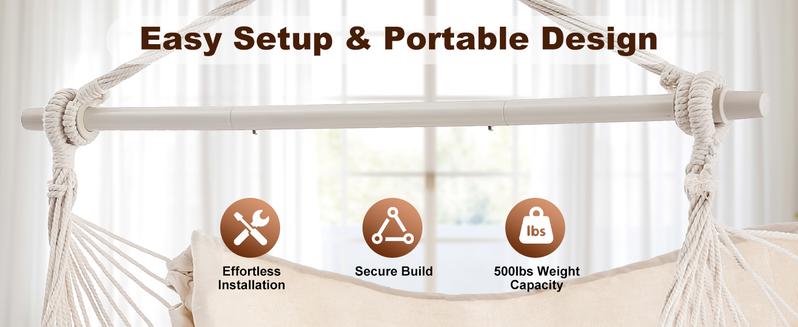 Single Hammock Chair with 2 Cushions, 330 LB Capacity & Fringe Cotton Rope Design，Foldable Indoor Outdoor