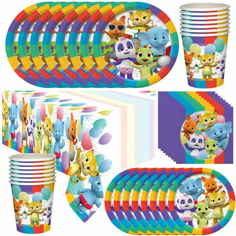 Word Party Character Theme Disposable Tableware Deluxe Kit - Tablecloth, Paper Cups Included - for 16 Guests, Birthday Party