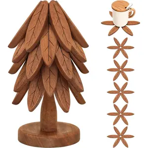 Wooden Trivets for Hot Dishes, Wooden Tree Trivet Set, Tree Coasters - of 5 + 1 Stand stored, Suited for Hots, Pans, Bowl, Teapot, Hot Holders - Multifunctional Ornaments
