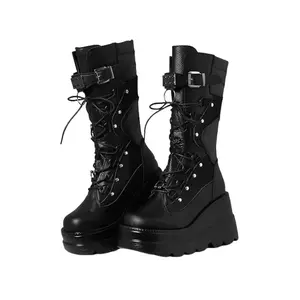 Women's Platform Mid Calf Boots, Chunky High Heel Wedge Boots Goth Zip & Lace Up Combat Round Toe Motorcycle Boots