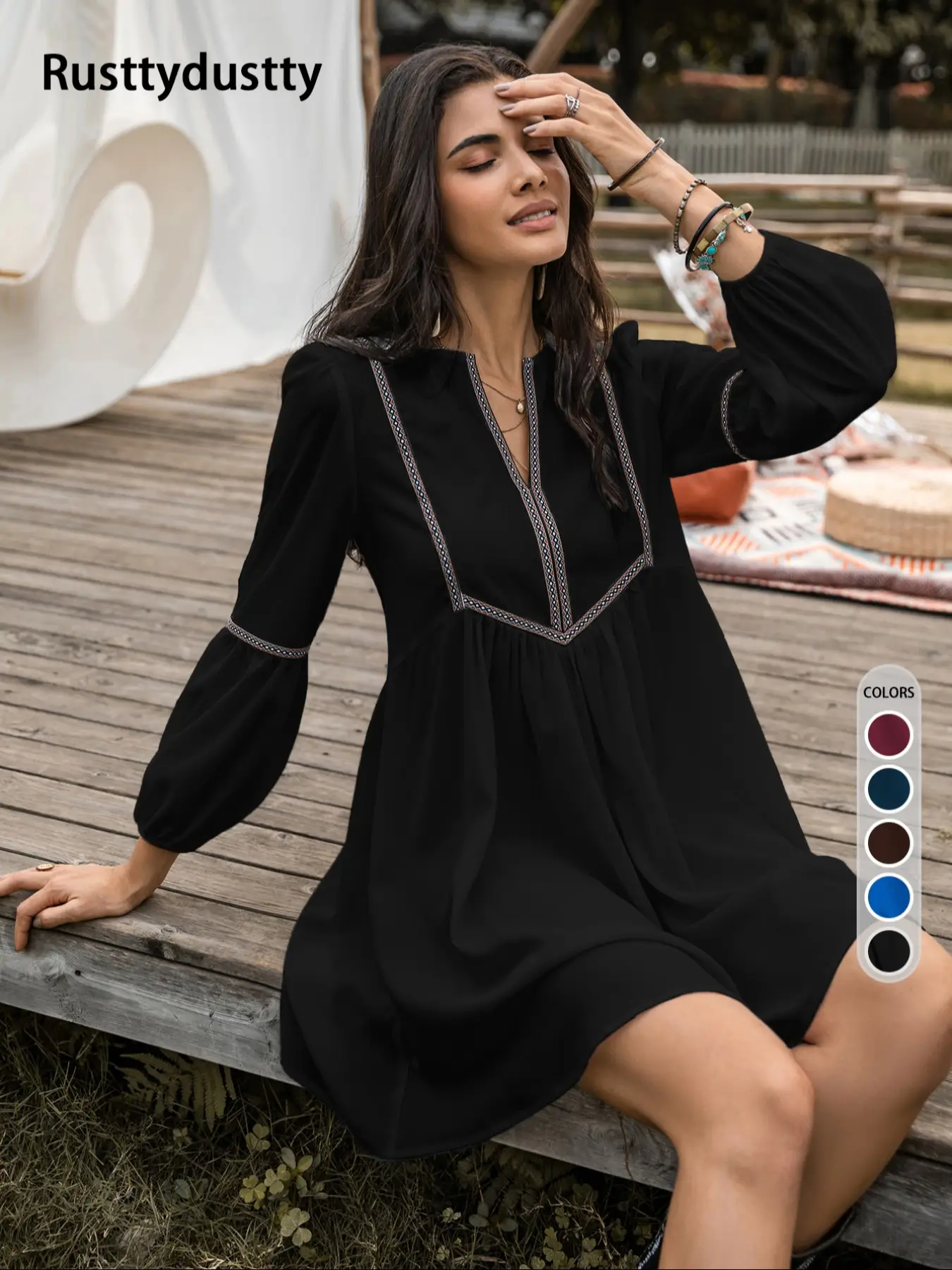 Women's Geometric Embroidery Smock Dress, Boho Bishop Sleeve Notched Neck Short Dress for Beach Vacation Holiday, Ladies Clothes for All Seasons