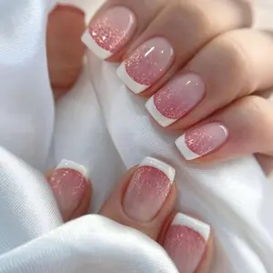 24pcs Short Oval Glitter French Tip DIY Nail Art Stickers, Perfect for Women and Girls, Includes Gel Polish and File, Party & Daily Use