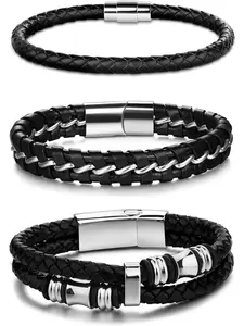 Cool 3 Pcs Black Fashionable Braided Leather Bracelets for Men Women Stainless Steel Leather Wrist Bands Cuff Bangle Bracelet Magnetic Clasp 8.78-8.86 Inches Stackable Bracelets