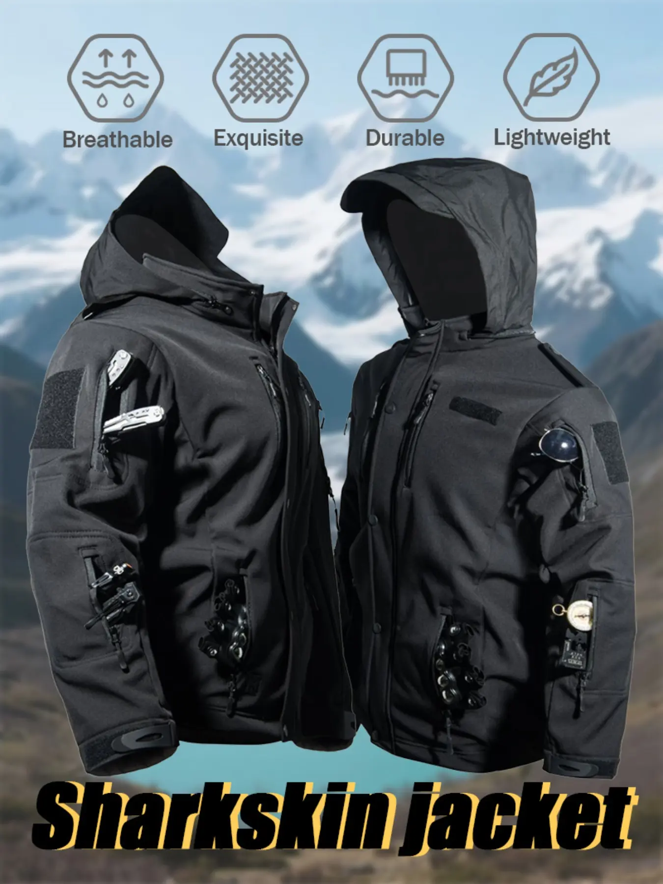 Men's Fall/Winter Outdoor Multi-Pocket Tactical Hooded Jacket Shark Skin Stand-Up Collar Waterproof Jacket Sport Outerwear Fleece-Lined Multi-Functional Warmth Ideal for Work, Rock Climbing, Hiking, Mountaineering, Camping, and Fishing Casual Sportswear