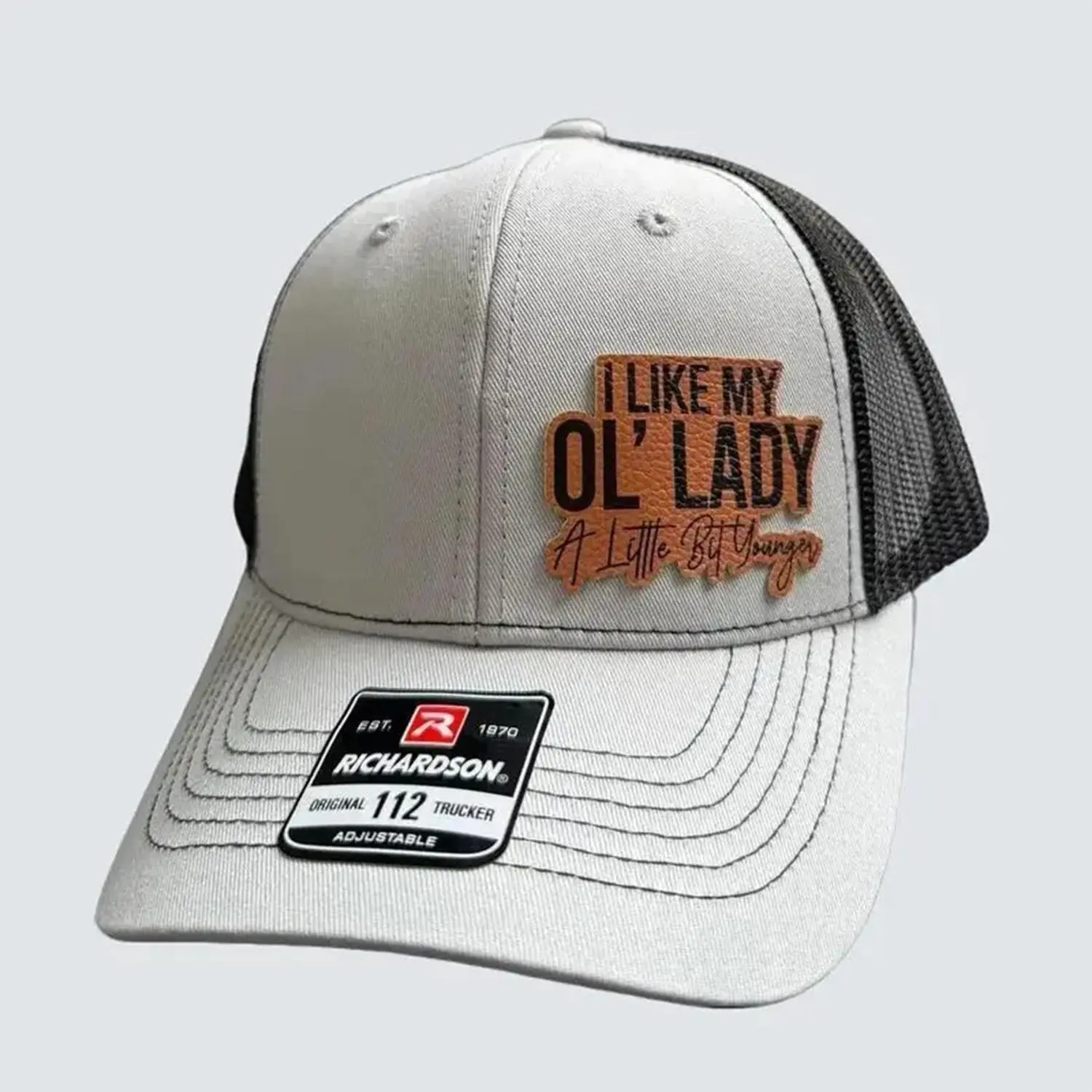 I Like My Ol’ Lady A Little Bit Younger Leather Patch Hat – Funny Trucker Hat, Faux Leather Patch Snapback Cap, Humor Meme Hat Gift