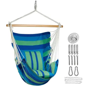 Hammock Chair Include 2 Cushions and Hardware Kits,XL Hanging Chair for Indoor Outdoor Patio Yard - Blue & Green Stripe