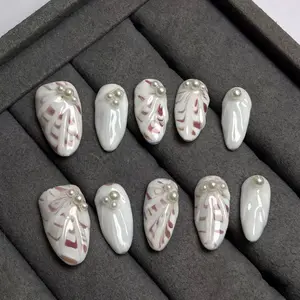 E132 Handmade nail art with moonstone beads and solid adhesive nail art patches. Fake nail art patches.Squoval Pink French Press-On Nails