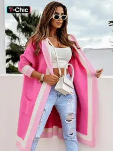 Women's Colorblock Pocket Drop Shoulder Open Front Cardigan, Casual Fashion Knit Chic Long Sleeve Hooded Knitwear Outerwear For Fall & Winter, Women's Clothing For Daily Wear, Womenswear