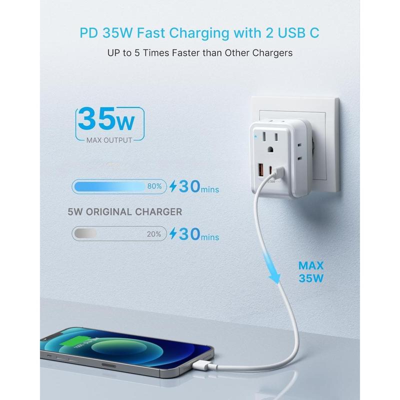 SQ-APT014 2 Pack European Travel Plug Adapter, Foldable International Power Adapter with 2 AC Outlets 3 USB Charging Ports(2 USB C), Type C Power Adaptor to Most Europe Italy Spain France Iceland Germany