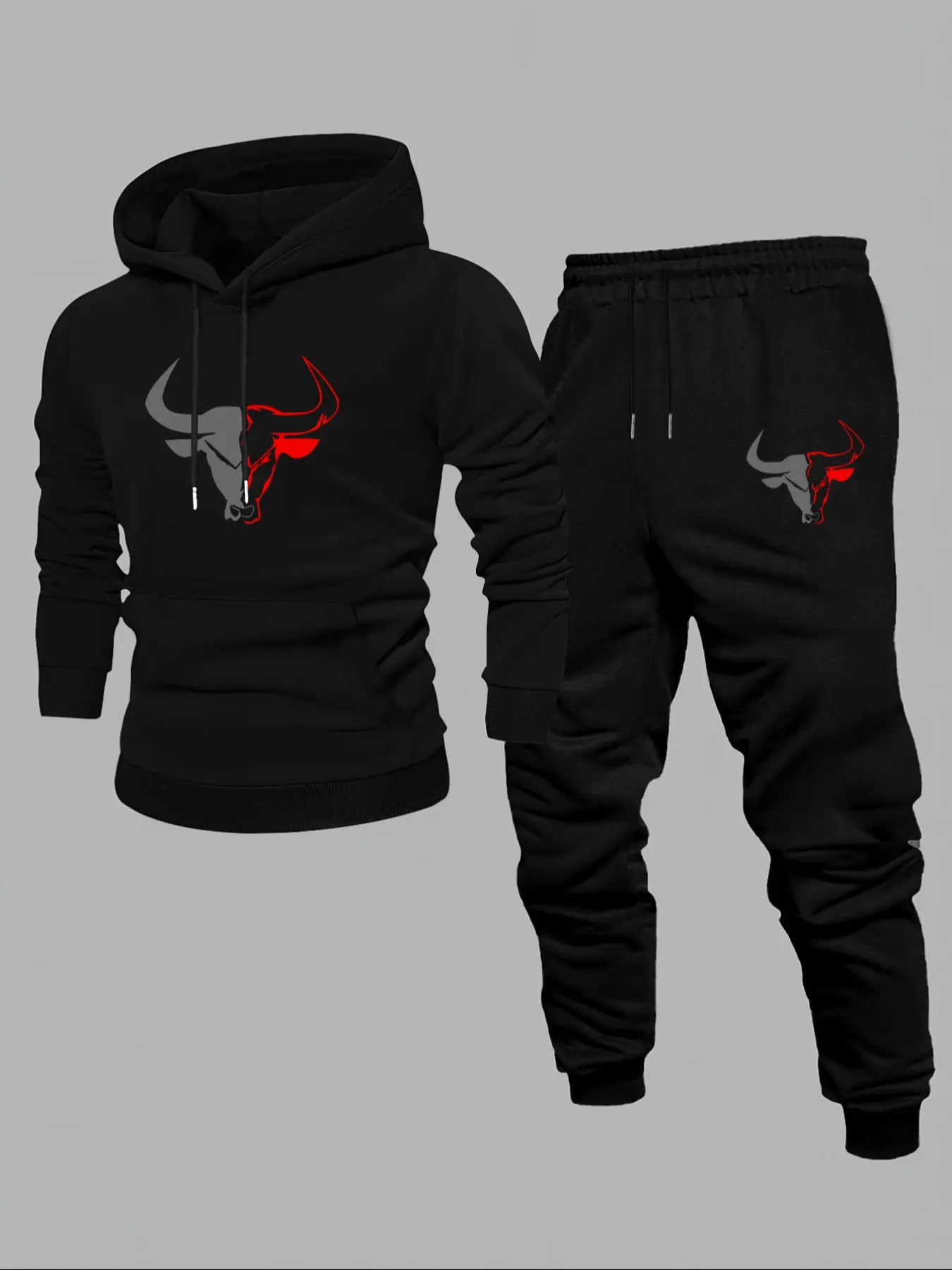 Men's Fall Winter Hoodie Casual Clothing Set, Bull Cow Print Hooded Sweatshirt + Drawstring Casual Pants, Fitted Regular Length, Moderate Fabric, 2 Piece Pack, Athletic