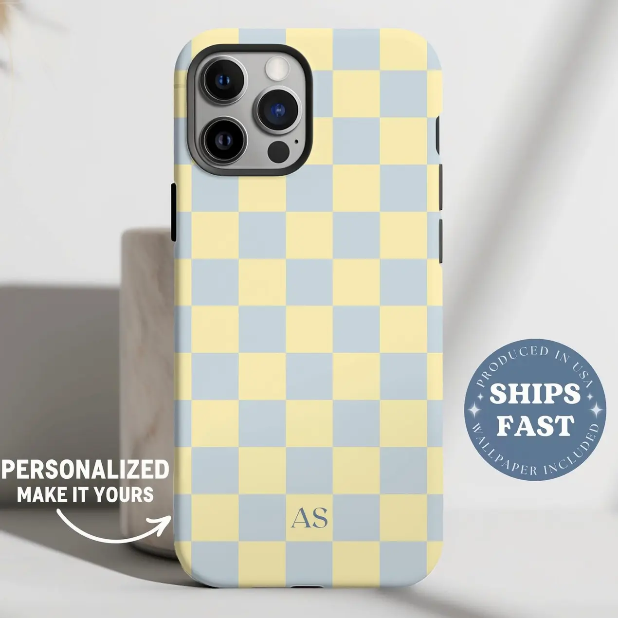Personalized Yellow Blue Phone Case Custom Monogram Phone Case, Checkered Pastel Phone case, Checkerboard Phone Case with Initial Checker Case