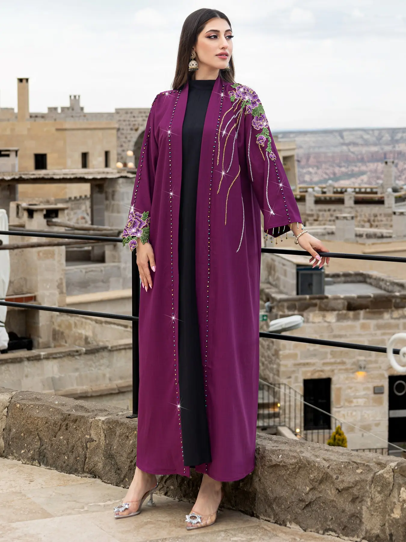 Fashion Long Robe with Floral Embroidery and Beaded Details, Perfect Holiday Outerwear, Stylish Women's Clothing, Elegant Islamic Clothing, Floral Embellished Abaya For Muslim