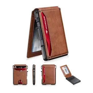 Ultra Thin Men's Wallet - Brown Anti-Theft Leather PU Double Fold RFID Card Clip with POP-UP Magnetic Aluminum Wallet and Men's Cash Clip Wallet Rfid Blocking Wallets