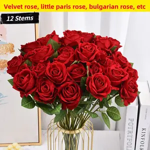 12 Stems Faux Velvet Bulgarian Roses Artificial Flowers Wedding Decor Valentine's Day mother's day valentine floral bouquet outdoorfun