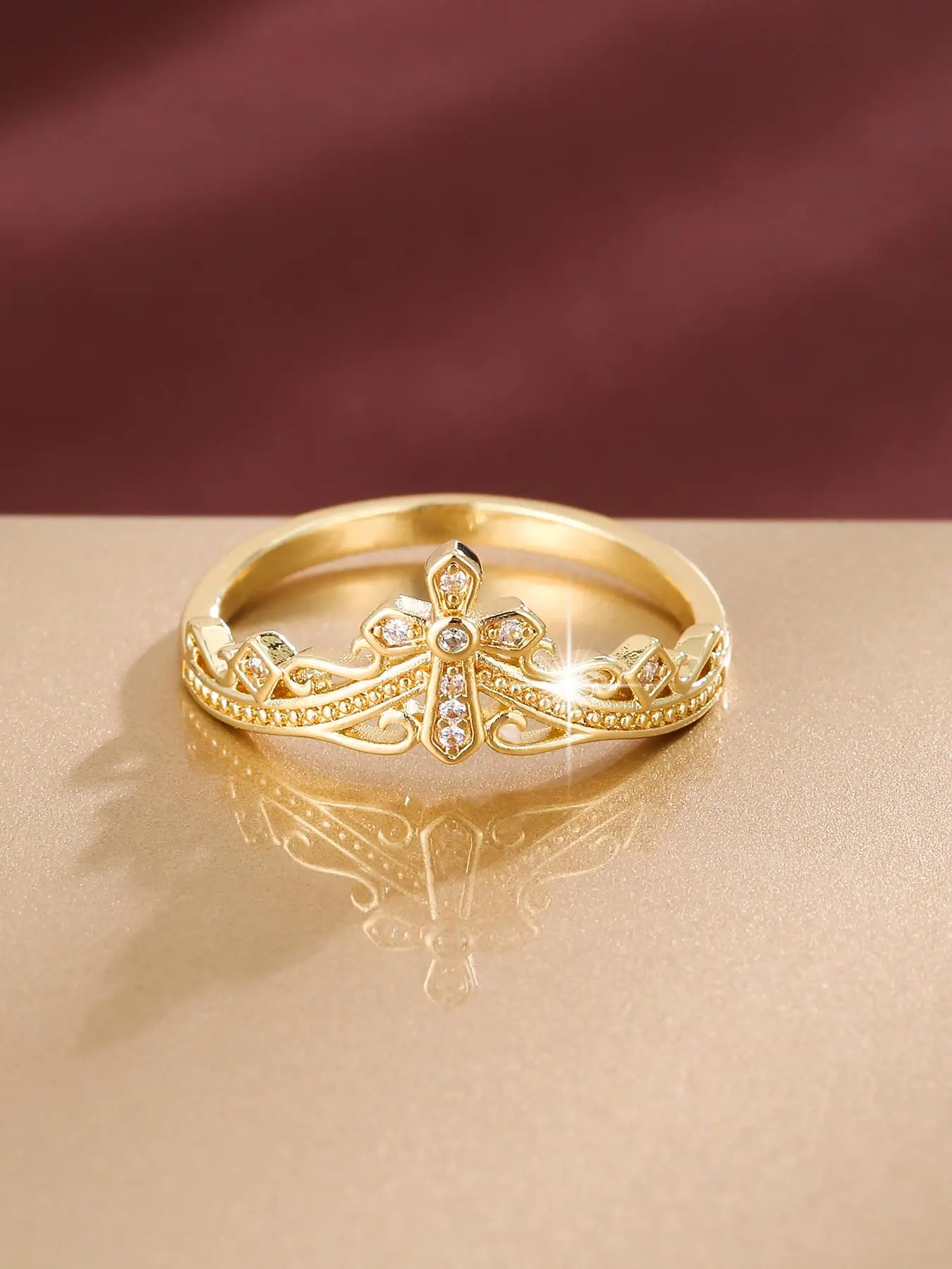 Women's Elegant Rhinestone Decorated Cross & Crown Design Ring, Exquisite Trendy Ring, Beautiful Rings, Fashionable Jewelry for Women As Gift, Decorative Rings, Bridal Rings, Statement Rings