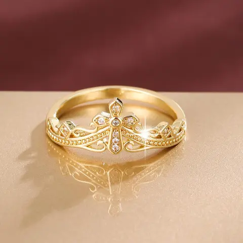 Women's Elegant Rhinestone Decorated Cross & Crown Design Ring, Exquisite Trendy Ring, Beautiful Rings, Fashionable Jewelry for Women As Gift, Decorative Rings, Bridal Rings, Statement Rings