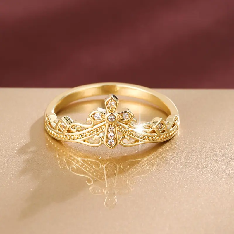 Women's Elegant Rhinestone Decorated Cross & Crown Design Ring, Exquisite Trendy Ring, Beautiful Rings, Fashionable Jewelry for Women As Gift, Decorative Rings, Bridal Rings, Statement Rings