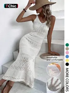 Women's Elegant Chic V-Neck Sleeveless Spaghetti Strap Dress, Casual Summer Beachwear, Fitted Plain Hollow Out Pattern, Thin Split Design, Fall Winter Fashion, Womenswear