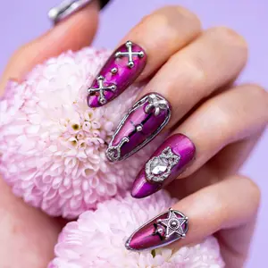 Holiday Deals 10Pcs Punk Purple Trend Medium Almond Press On Nails  Glitter Metal Accent No Salon Time PartyNails Events Evenings Daily Shine summer Cedrielle