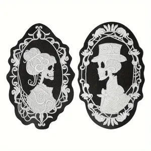 Punky Patches with White Skull Couple Design, Gothic Style DIY Clothing Accessory, Valentine's Day Patches, New Retro Punk Skeleton Iron-On Embroidered Patches