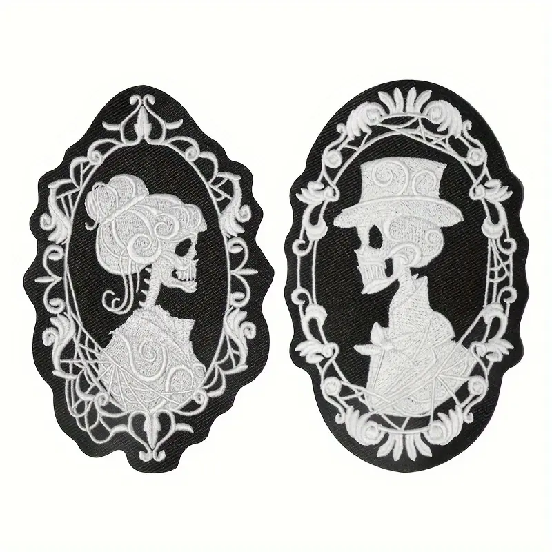 Custom Patches Embroidered, Iron-On Gothic White Skull Couple Design, Retro Punk Fashion Accessory, Valentine's Day DIY Dressmaking Appliques Embellishments