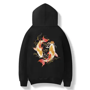 Kh9013 Niepce Japanese Streetwear Embroidered Golden Koi Fish Hoodie