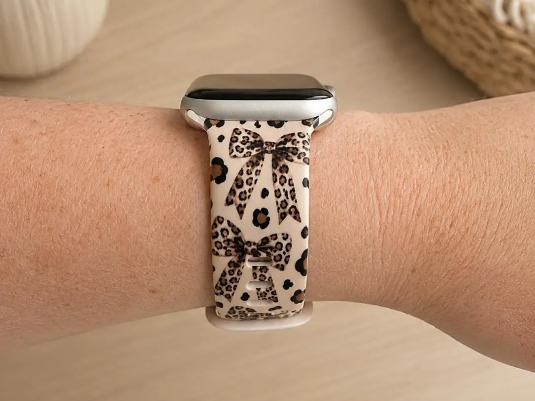 Leopard Bow Watch Band | Neutral Cheetah Print Wristband | Cute Coquette Animal Print Watch Strap