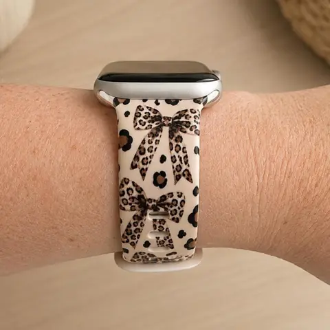 Leopard Bow Watch Band | Neutral Cheetah Print Wristband | Cute Coquette Animal Print Watch Strap
