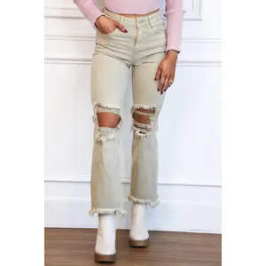Riva Risen Distressed High Rise Straight Denim: Sand