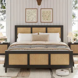 Queen Size Bed Frame with Headboard, Bohemian Rattan Platform Bed Frame with Strong Metal Slats Support, No Box Spring Needed, Noise-Free Design, Black Bedroom Furniture