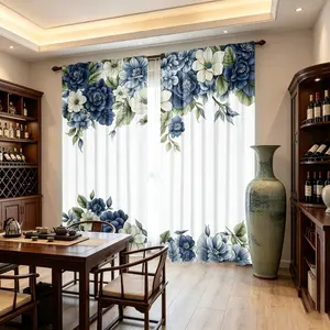 Vintage Blue Floral Curtains, Window Curtain, Elegant Home Drapes, Set of 2, Semi-Transparent Polyester Fiber, Rod Pocket Design, Bedroom Living Room Dining, Home Decoration Curtain