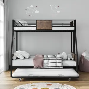 Bellemave Twin Over Full Metal Bunk Bed Furniture with Trundle, Safety Rail, 2 Ladders, Sturdy Protective Boards, Ergonomic Design, No Box Spring Needed, Easy Assembly for Kids