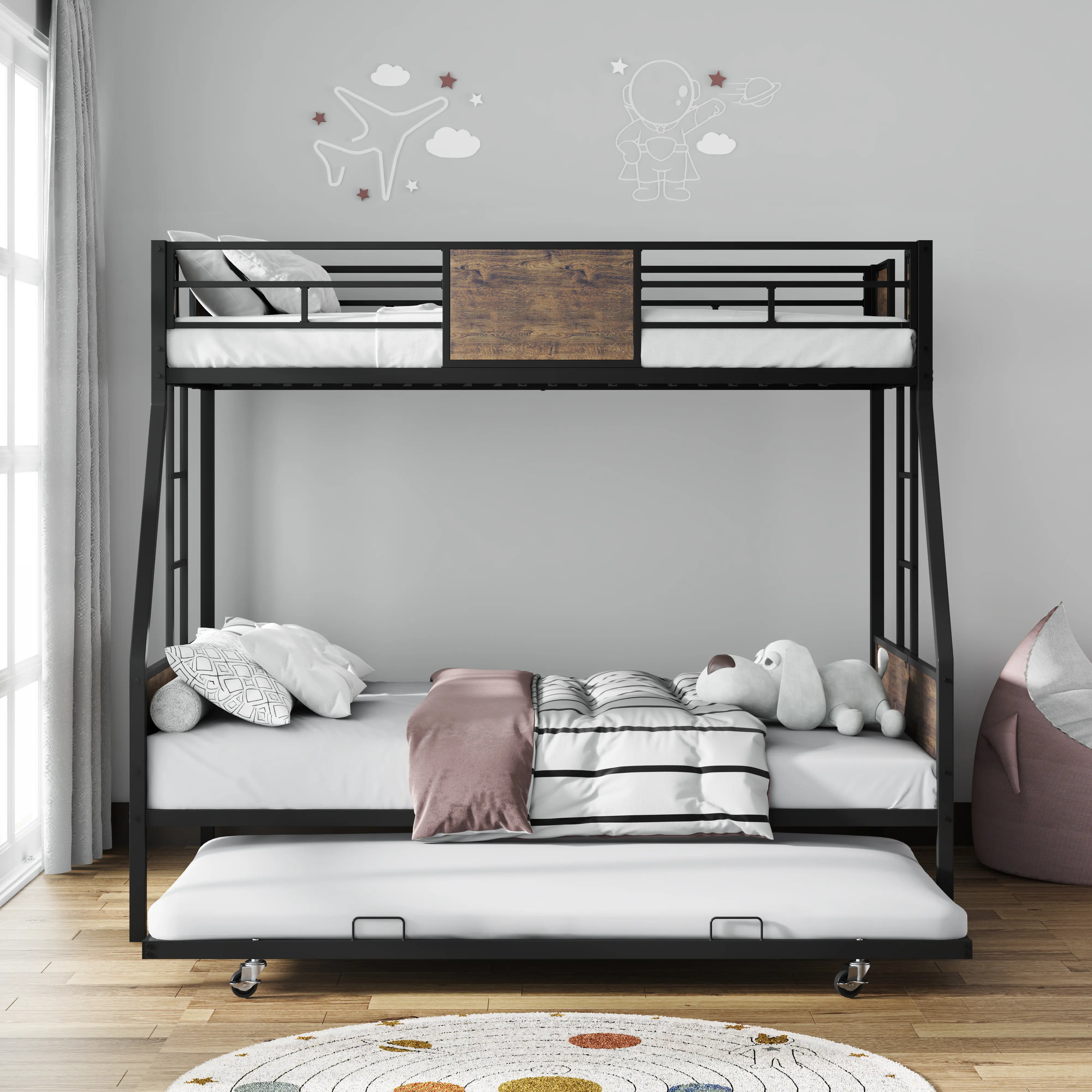 Bellemave Twin-Over-Full Metal Bunk Bed with Trundle, Safety Rail, 2 Ladders, Sturdy Protective Boards, Ergonomic Design, No Box Spring Needed, Easy Assembly for Kids