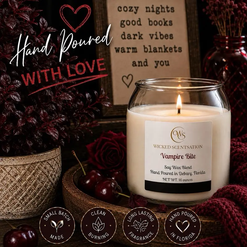Vampire Bite 16 Ounces Hand Poured Soy-Wax Blend Candle in Glass Jar with cork ball lid  Decoration Decorative for Home Decor - Ornaments Scented Gift Aroma