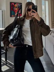 Women's Velvet Bomber Jacket, Casual Fashionable Jacket, Oversized Collar Retro Style, Fashion Casual Streetwear, Button Pocket Coat, Fall Winter Set