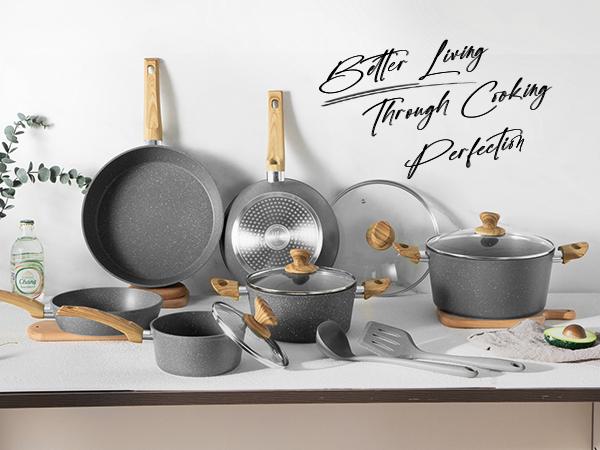 Kitchen Academy Granite Pots and Pans Set Non Stick, 12 Piece Cast Induction Cookware Set, Black Nonstick Kitchen Cooking Set w/Frying Pans & Saucepans(PFOS,PFOA,PFAS,PTFE Free)