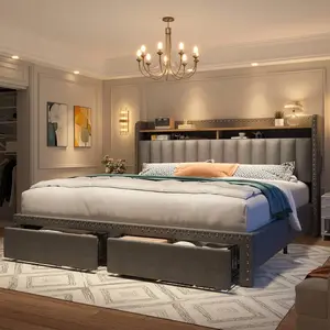 Queen/King Upholstered Platform Bed Frame, Furniture with 2-Tier Storage Headboard, 2 Storage Drawers, Sturdy Wooden Slats Support, Noise-Free Design, No Box Spring Needed, Dark Grey