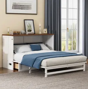 Solid Pine Queen Size Murphy Bed Cabinet Bed with Charging Station