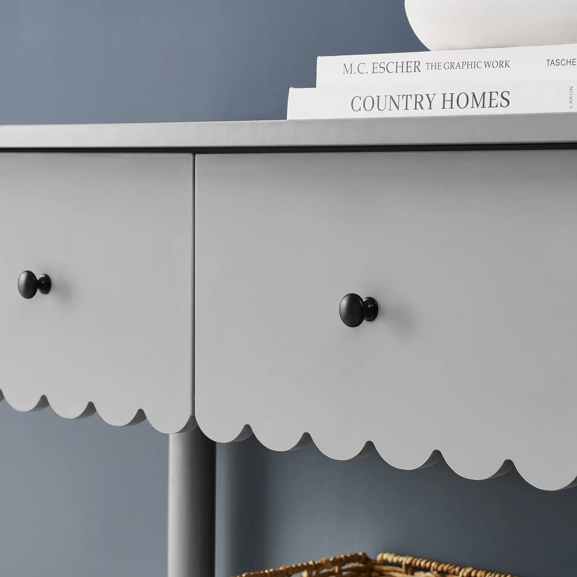 Emmeline 3-Drawer Scalloped Light Gray Console Table, Modern Entryway Sofa Table, Living Room Indoor Furniture, Modern Console Table