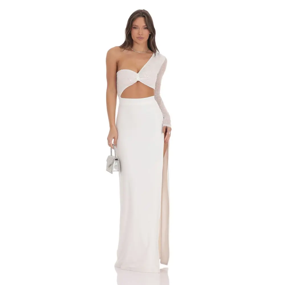 One Shoulder Sequin Maxi Dress in White