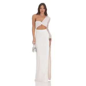 One Shoulder Sequin Maxi Dress in White