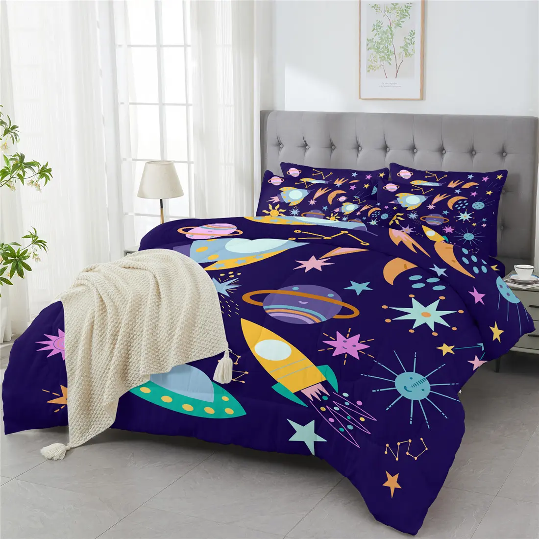3 Piece Comforter Set Soft Space Rockets Planets Comets Stars Sun Printed All Season Bedding Set For Room Decor With 1 Comforter And 2 Pillowcases