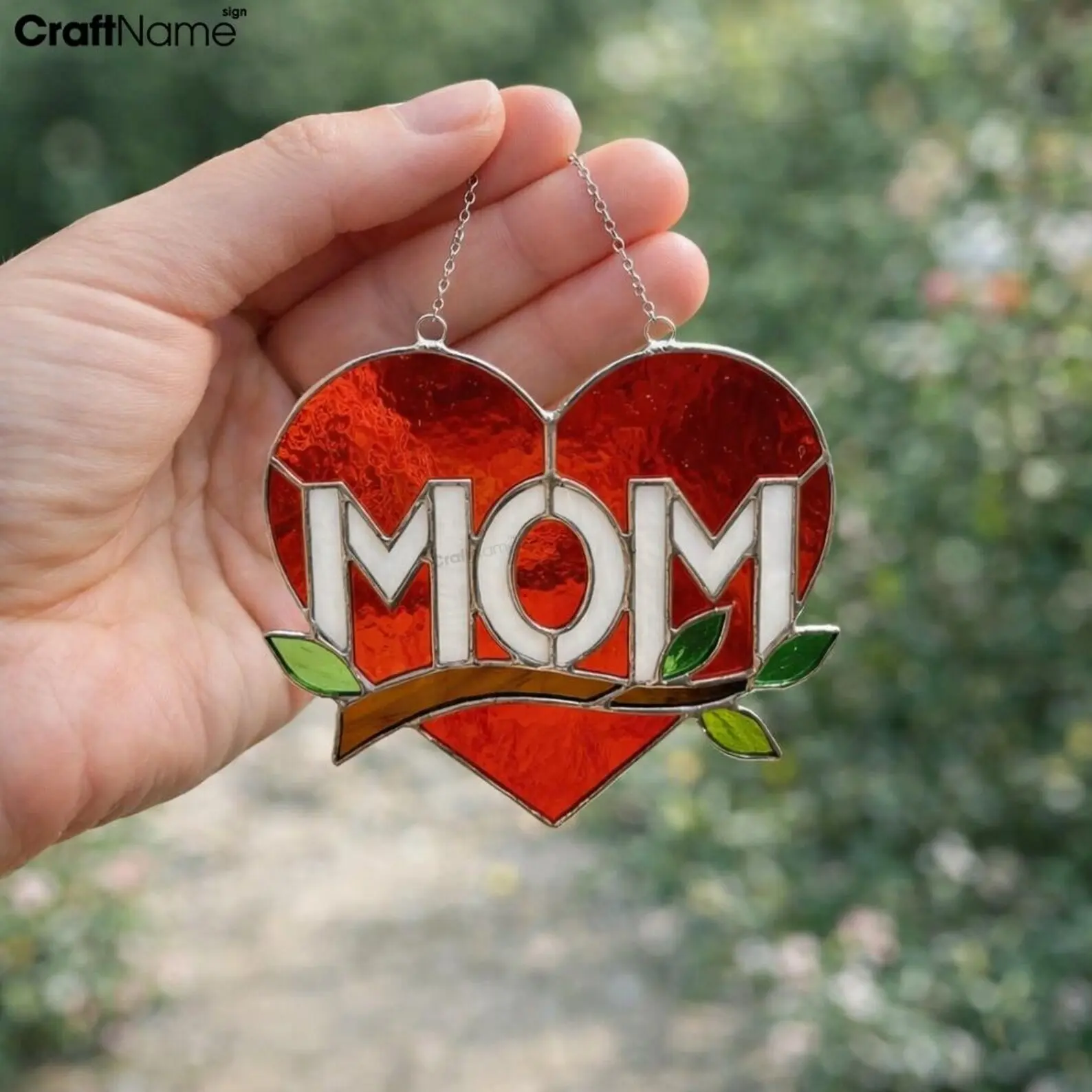 CraftNameSign Traditional Stained Glass Suncatcher Artwork, Floral Heart Flower Window-Wall Hanging, Colorful Handmade Tin Ornament, Mother’s Day Gift for Mom, Home Decor, 8-20 In