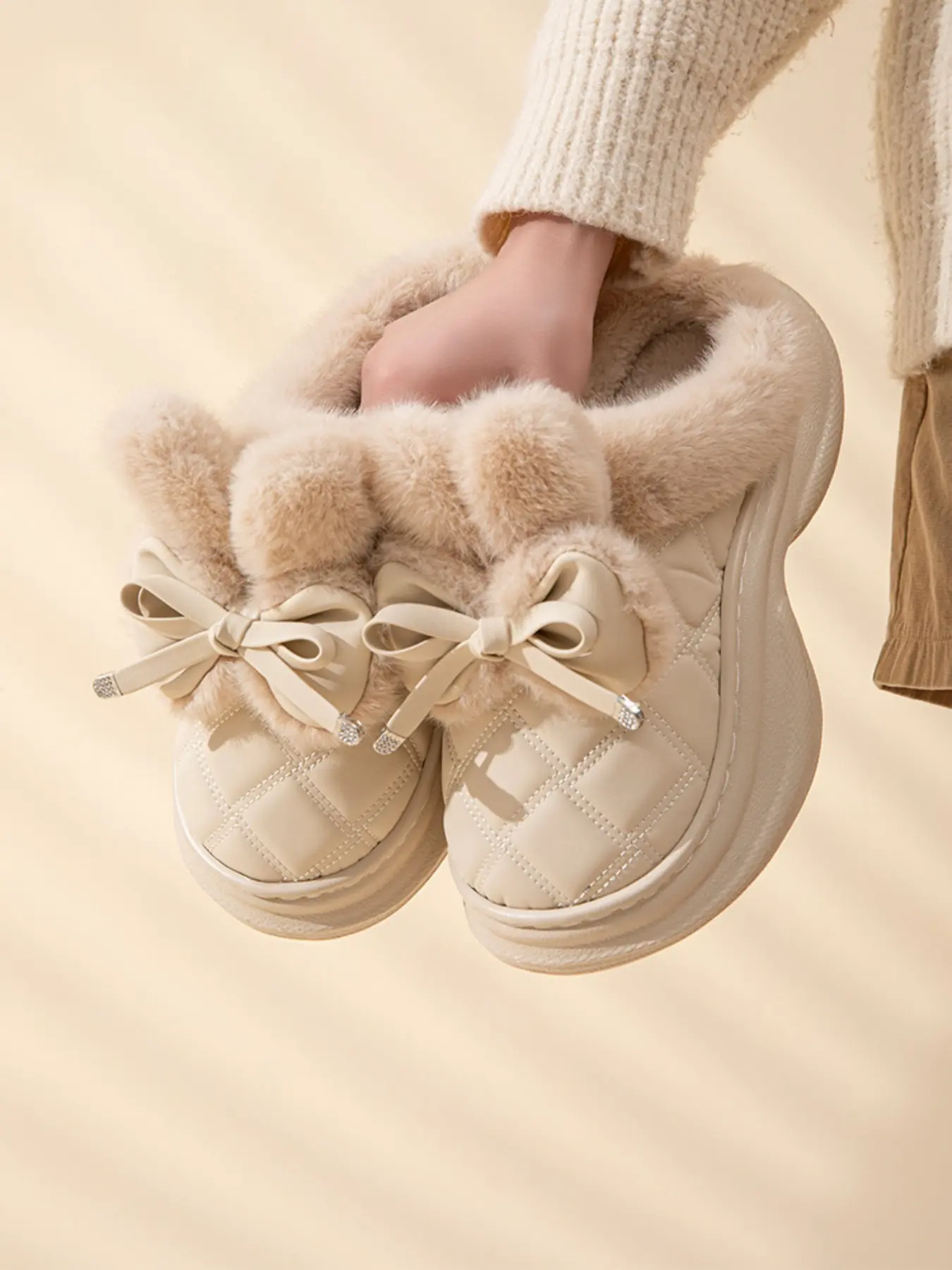 Women's Fashion Bow Slip-On Shoes, PU Leather Waterproof Casual Footwear, Fall & Winter Warm Thick Sole Comfortable Design, Fluffy House Slippers