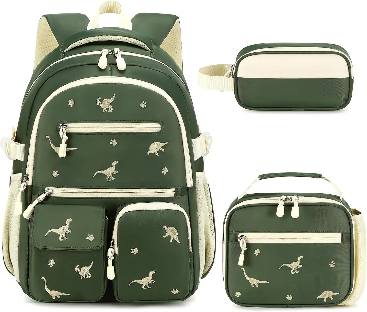 Backpack for Boys 6-8, 3PCS Embroidery Toddler Boys Backpack with Lunch Bag Pencil Case, 15.7" Kids School Bookbag for Preschool Kindergarten Elementary Daycare Backpacks, Green Dinosaur