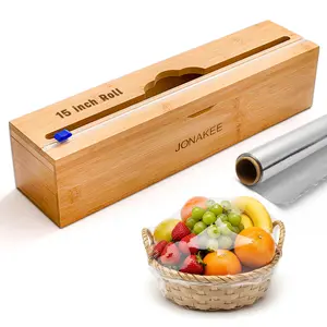 Plastic Wrap Dispenser with Cutter - Fits 15" Rolls of Aluminum Foil, Wax & Parchment Paper -  Lightweigh Kitchen Wrap Bamboo Organizer Holder