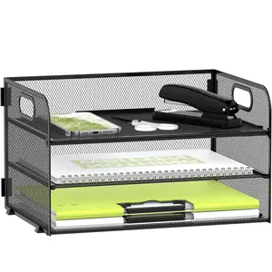 3-Tier Paper Organizer with Handle, Mesh Desk Organizer Letter Tray, Paper Tray Organizer File Organizer for A4 File Folder, Black